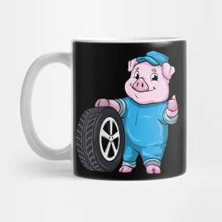 Pig as Car mechanic with Tires Mug